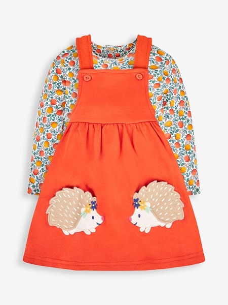 Rust Orange Hedgehog Girls' 2-Piece Appliqué Pinafore Dress & Top Set (621090) | £26.50