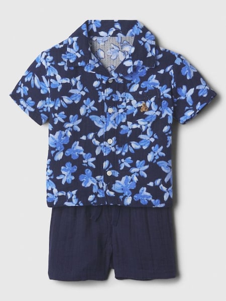 Blue & Navy Floral Brannan Bear Embroidered Gauze Baby Shirt and Shorts Set (634852) | £25