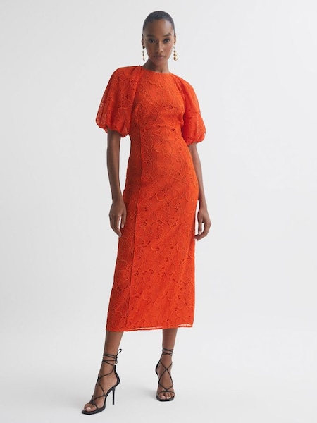 Florere Lace Puff Sleeve Midi Dress in Orange (647017) | £120