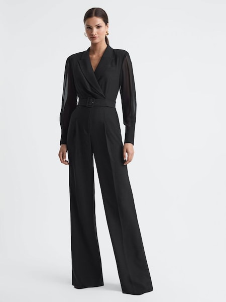 Sheer Belted Double Breasted Jumpsuit in Black (647649) | £98