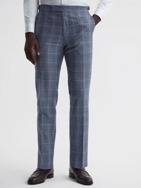 Slim Fit Wool Linen Check Trousers in Indigo (653410) | £90