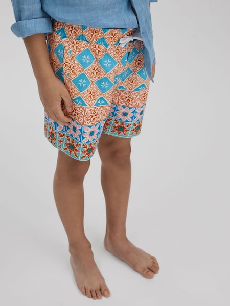 Floral Tile Print Drawstring Swim Shorts in Orange Multi (661908) | £28