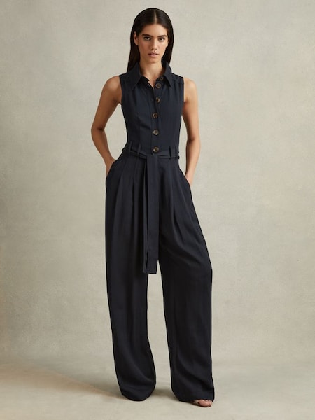 Belted Wide Leg Jumpsuit in Navy (662023) | £198