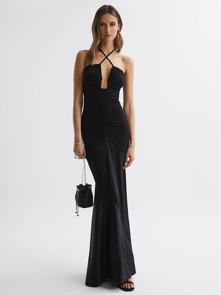 Fitted Plunge Neck Satin Maxi Dress in Black (663538) | £88