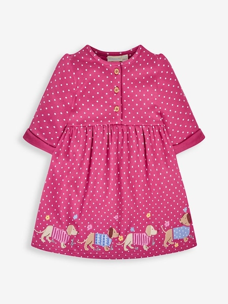 Raspberry Pink Sausage Dog Girls' Appliqué Button Front Dress (668419) | £22
