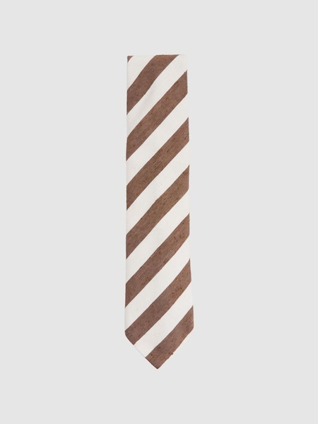 Textured Silk Blend Striped Tie in Chocolate/Ivory (672989) | £68