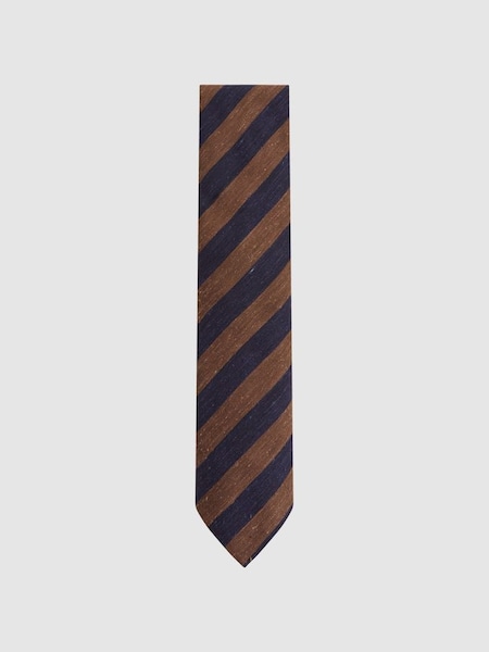 Textured Silk Blend Striped Tie in Tobacco/Navy (672997) | £68