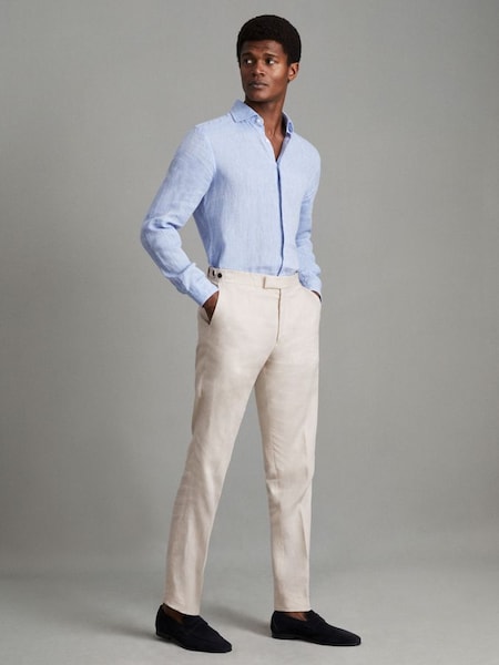 Slim Fit Linen Adjuster Trousers in Stone (675763) | £148