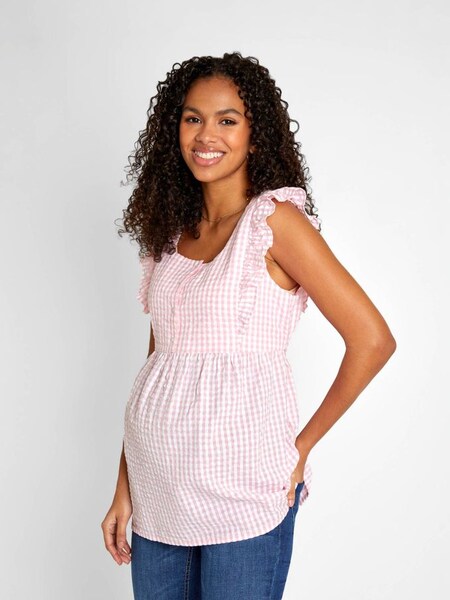 Pink Gingham Frill Sleeve Maternity Top (676460) | £14
