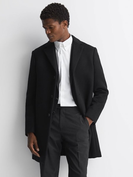 Wool Blend Single Breasted Epsom Overcoat in Black (676535) | £328