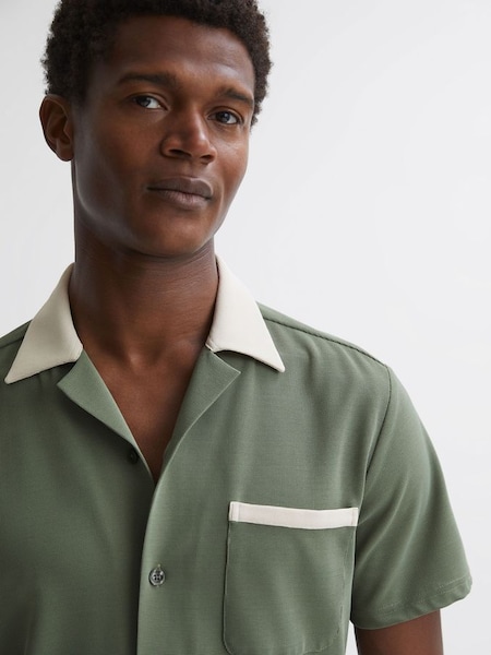 Cuban Collar Contrast Shirt in Sage/Ecru (695405) | £58