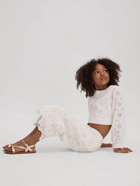 Junior Cotton Broderie Lace Trousers in Ivory (707101) | £50