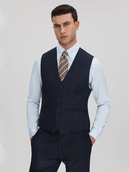 Wool Check Single Breasted Waistcoat in Navy (707286) | £178