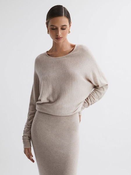 Petite Wool Blend Ruched Sleeve Midi Dress in Neutral (707739) | £198