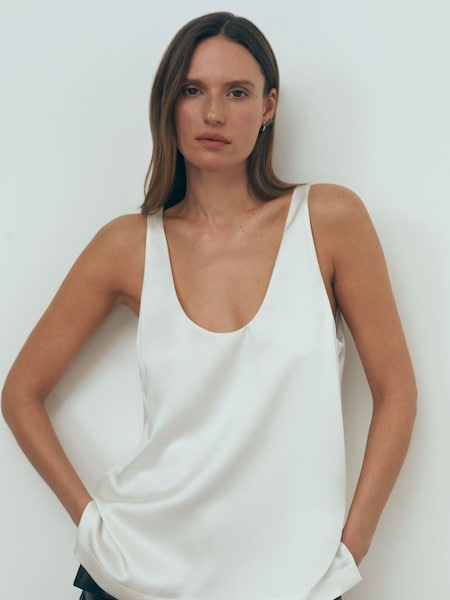 Atelier Carla Silk Plunge Neck Vest in White (707769) | £155