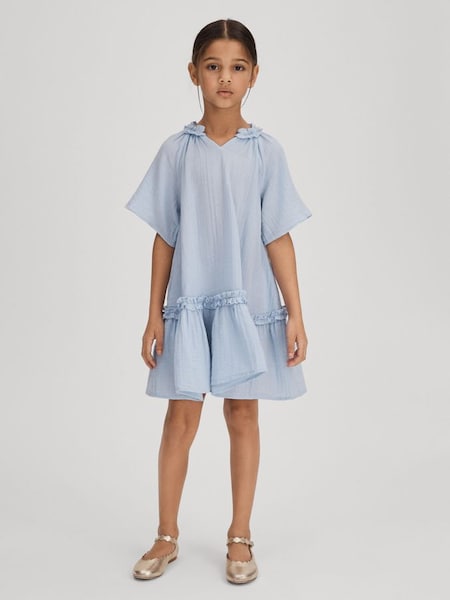 Junior Seersucker Cotton Ruffle Dress in Blue (708290) | £50