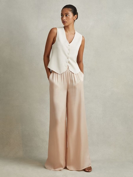 Petite Satin Elasticated Waist Wide Leg Trousers in Champagne (708340) | £118