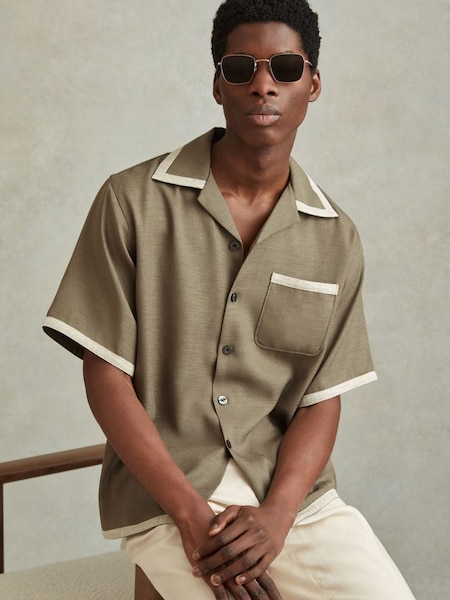 Contrast Trim Cuban Collar Shirt in Sage/White (709255) | £110