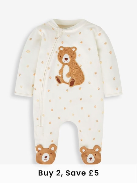 Cream Bear Appliqué Zip Cotton Baby Sleepsuit (725894) | £21
