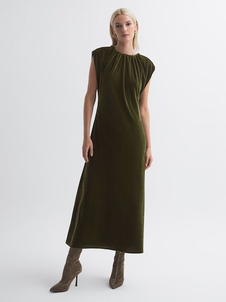 Florere Velvet Tie Neck Midi Dress in Olive (742305) | £90