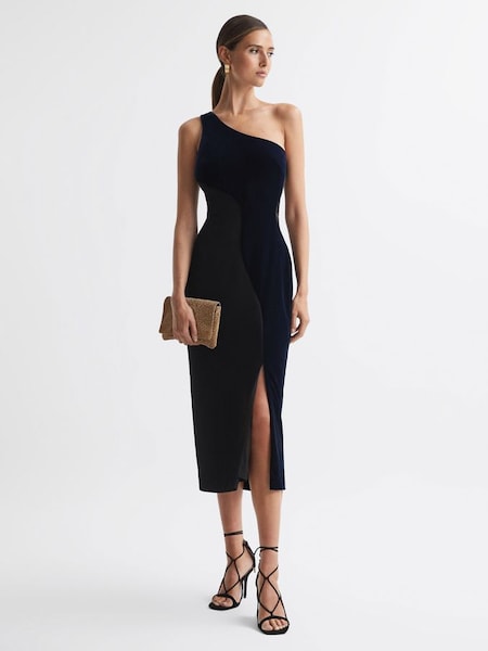 One-Shoulder Velvet-Satin Midi Dress in Black/Navy (749541) | £108
