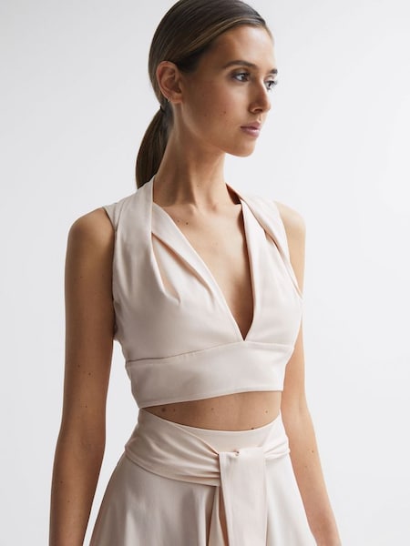 Cropped V-Neck Open Back Top in Nude (754106) | £55