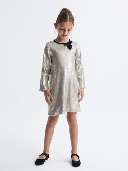 Senior Sequin Bow Dress in Silver (759004) | £40