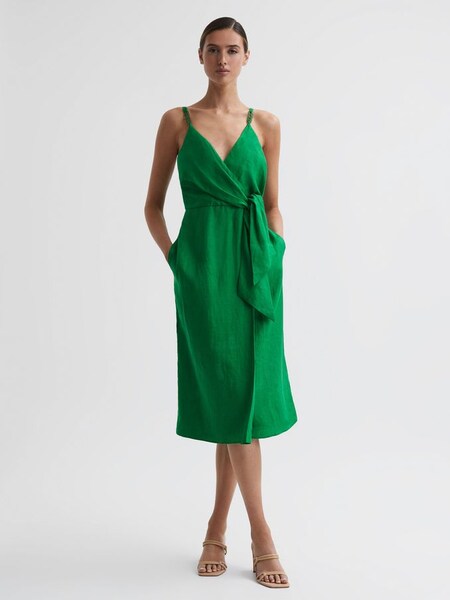 Linen Side Tie Midi Dress in Green (759539) | £158