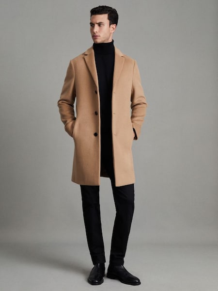 Wool Blend Single Breasted Epsom Overcoat in Camel (766180) | £328