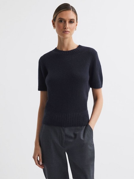 Cashmere Short Sleeve Crew Neck T-Shirt in Navy (770431) | £78