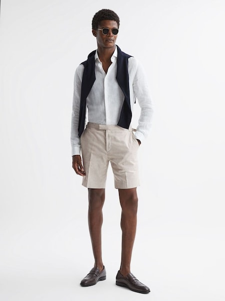 Slim Fit Cotton-Linen Check Adjustable Shorts in Oatmeal (775486) | £45