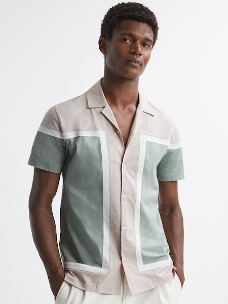 Mercerised Colourblock Cuban Collar Shirt in Sage Multi (779571) | £30