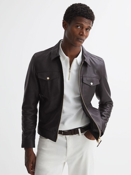 Leather Zip Through Jacket in Chocolate (782354) | £248