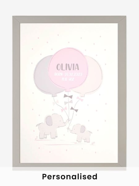 Grey Personalised & Framed Pink Baby Ele Print (783841) | £55