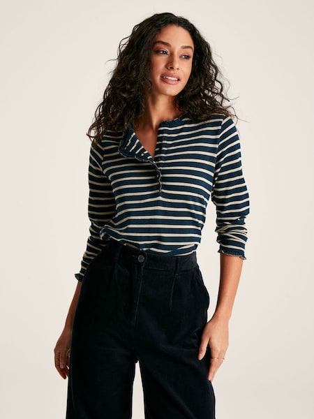 Daphne Navy Sparkle Striped Long Sleeve Top with Frill Neck (784191) | £27
