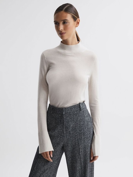 Merino Wool Fitted Funnel Neck Top in Stone (790478) | £58