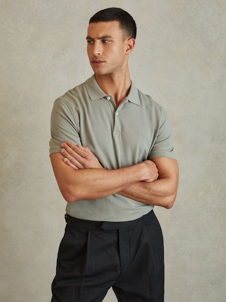 Slim Fit Garment Dyed Embroidered Polo Shirt in Dark Sage (791786) | £78