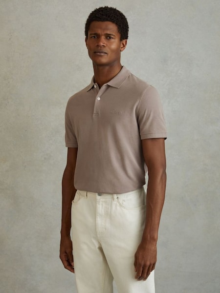 Slim Fit Garment Dyed Embroidered Polo Shirt in Dark Taupe (791797) | £78