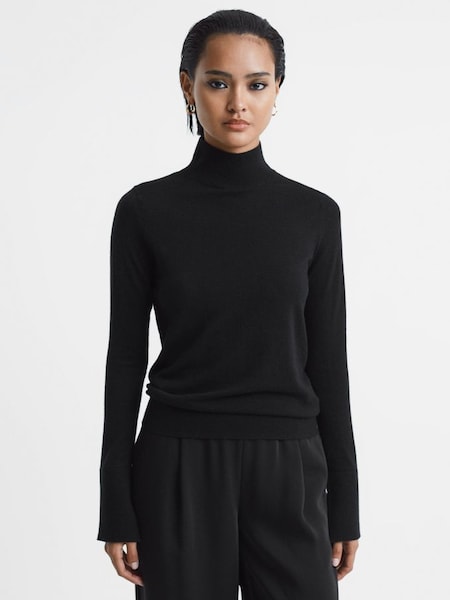 Merino Wool Fitted Funnel Neck Top in Black (793347) | £58