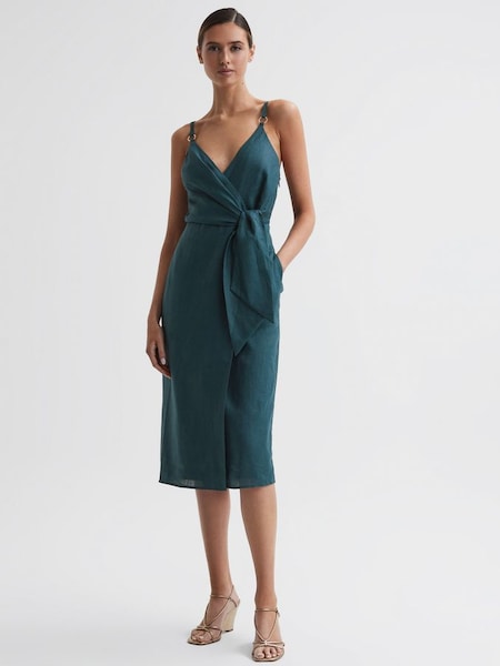 Linen Side Tie Midi Dress in Dark Teal (793692) | £80