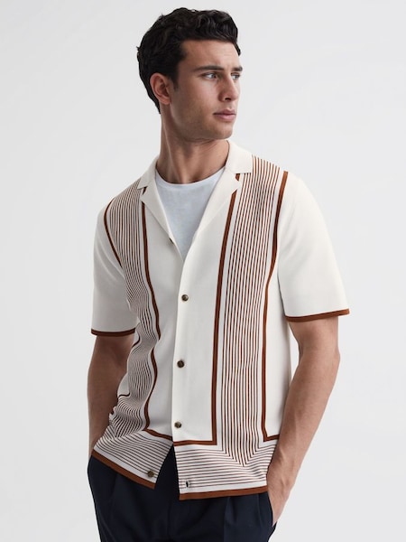 Striped Cuban Collar Shirt in White/Camel (798266) | £70