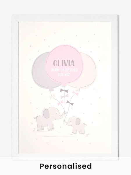 White Personalised & Framed Pink Baby Ele Print (806639) | £55