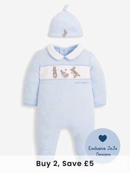 Blue 2-Piece Peter Rabbit Smocked Baby Sleepsuit & Hat Set (8245M2) | £26