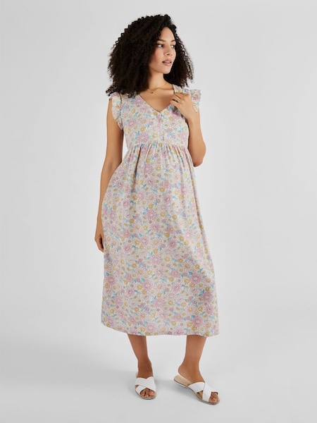 Yellow Pink Sunflowers Print Frill Sleeve Maternity Midi Dress (825514) | £49.50