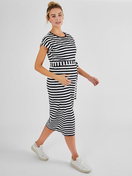 Maternity & Nursing Midi T-Shirt Dress in Black Cream Stripe (829803) | £36