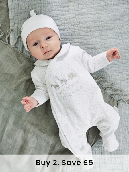 Welcome Little One Sleepsuit in White (8321X7) | £21