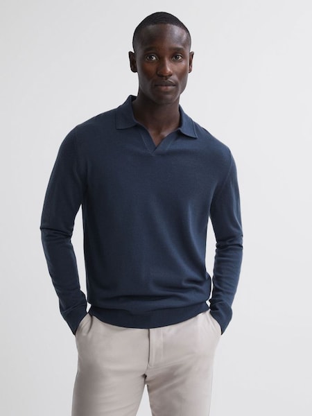 Merino Wool Open Collar Polo Shirt in Eclipse Blue (836657) | £58
