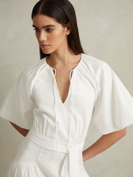 Lyocell Blend Puff Sleeve Midi Dress in White (846167) | £268