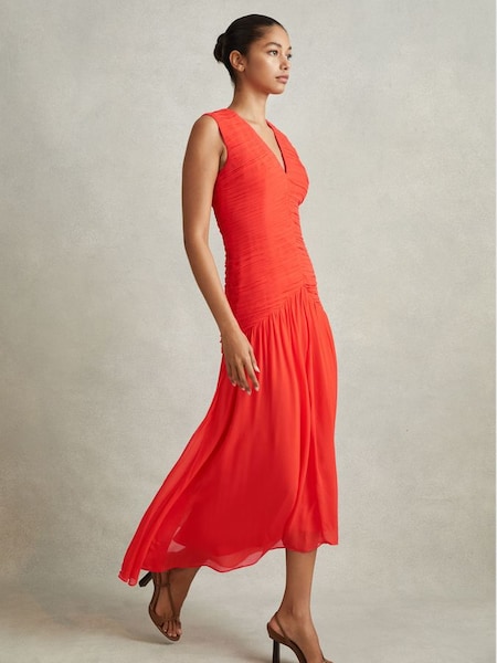 Ruched Bodycon Midi Dress in Coral (846617) | £268