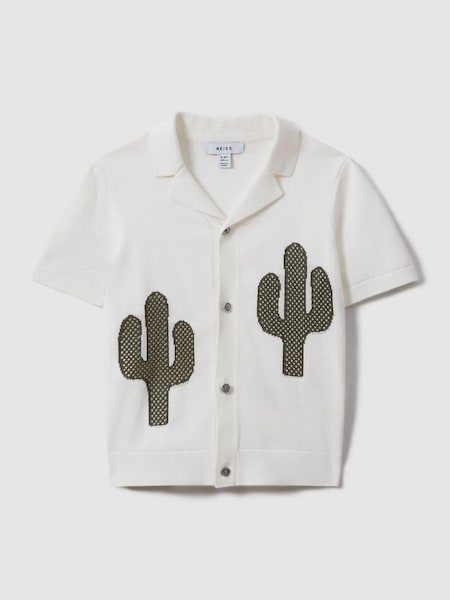 Knitted Cactus Cuban Collar Shirt in Ecru/Green (846650) | £50